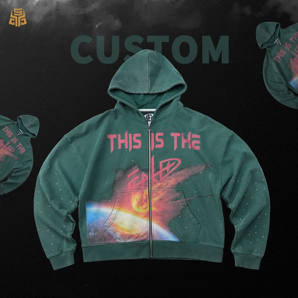 Sudadera con Capucha Talla Extragrande 400gsm 100% Algodón con Cierre para Hombre Puños Acanalados Logotipo Personalizado Impresión Serigráfica Sudadera Vintage con Cierre