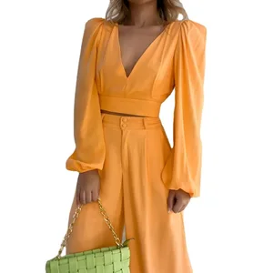 V-neck Long-sleeved Shirt High-waisted Wide-leg Trousers Large Size Fashion Casual 2 Piece Set Women Fall