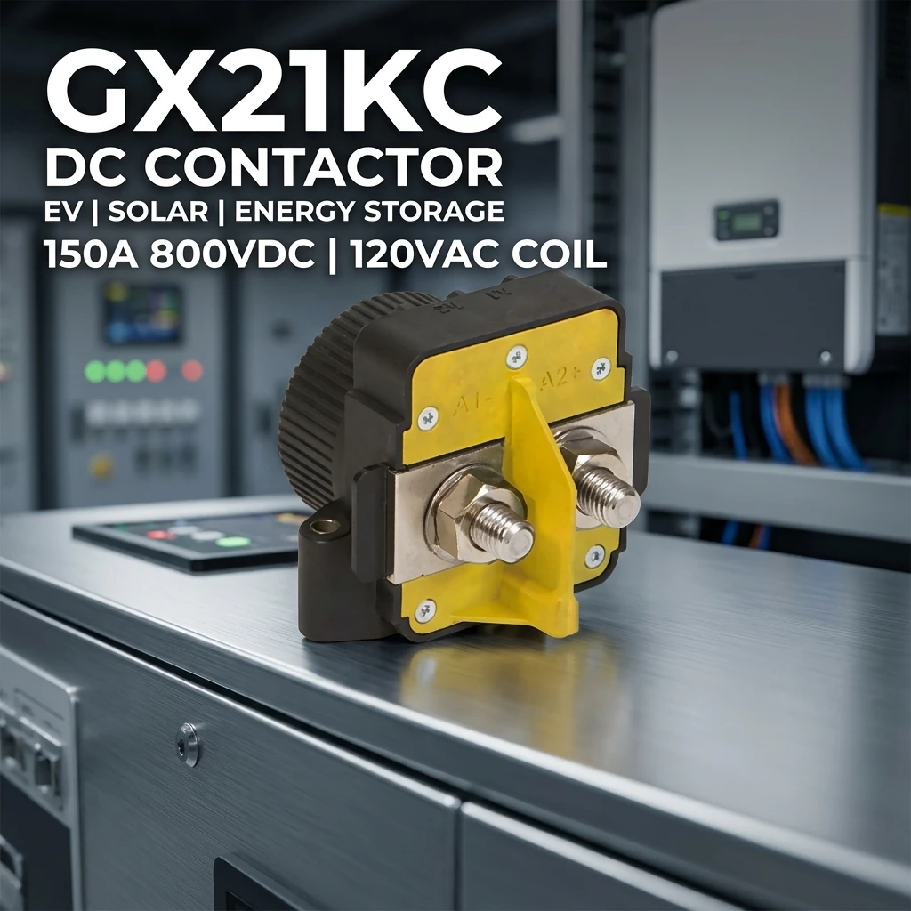 คอนแทคเตอร์อุตสาหกรรมที่แข็งแกร่ง GX21KC สำหรับ Sensata-Gigavac กระแสไฟฟ้าสูงสุด 150A, คอยล์แรงดันไฟฟ้าสลับ 120VAC, แรงดันไฟฟ้าตรงสูงสุด 800VDC ไม่ต้องบำรุงรักษาสำหรับระบบจัดเก็บพลังงาน