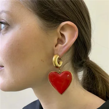 Kaimei Vintage Big Red Heart Drop Earrings For Women 2019 New Pendant Drop Statement Earrings Black Large Heart Hoop Earrings