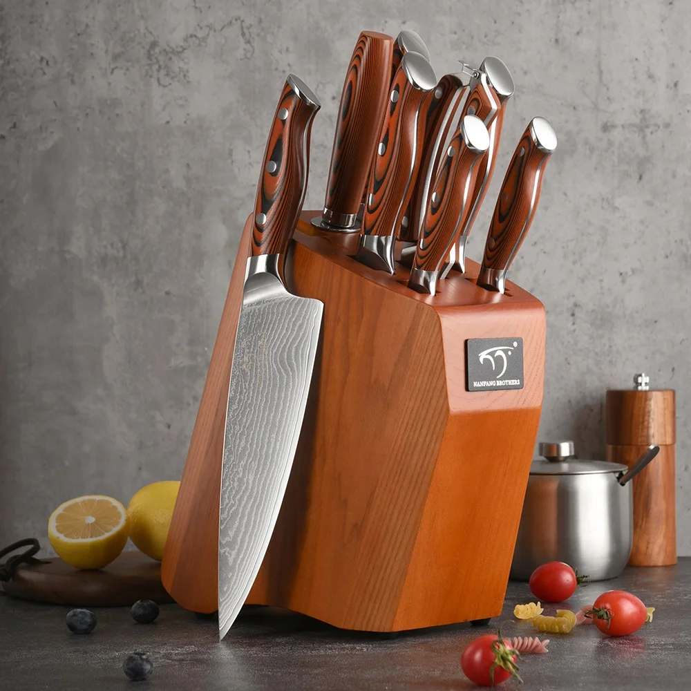 Conjunto de 9 facas de aço damasco com cabo em G10 para carnes, frutas e legumes, com bloco de madeira para facas e tesoura._voghion.com