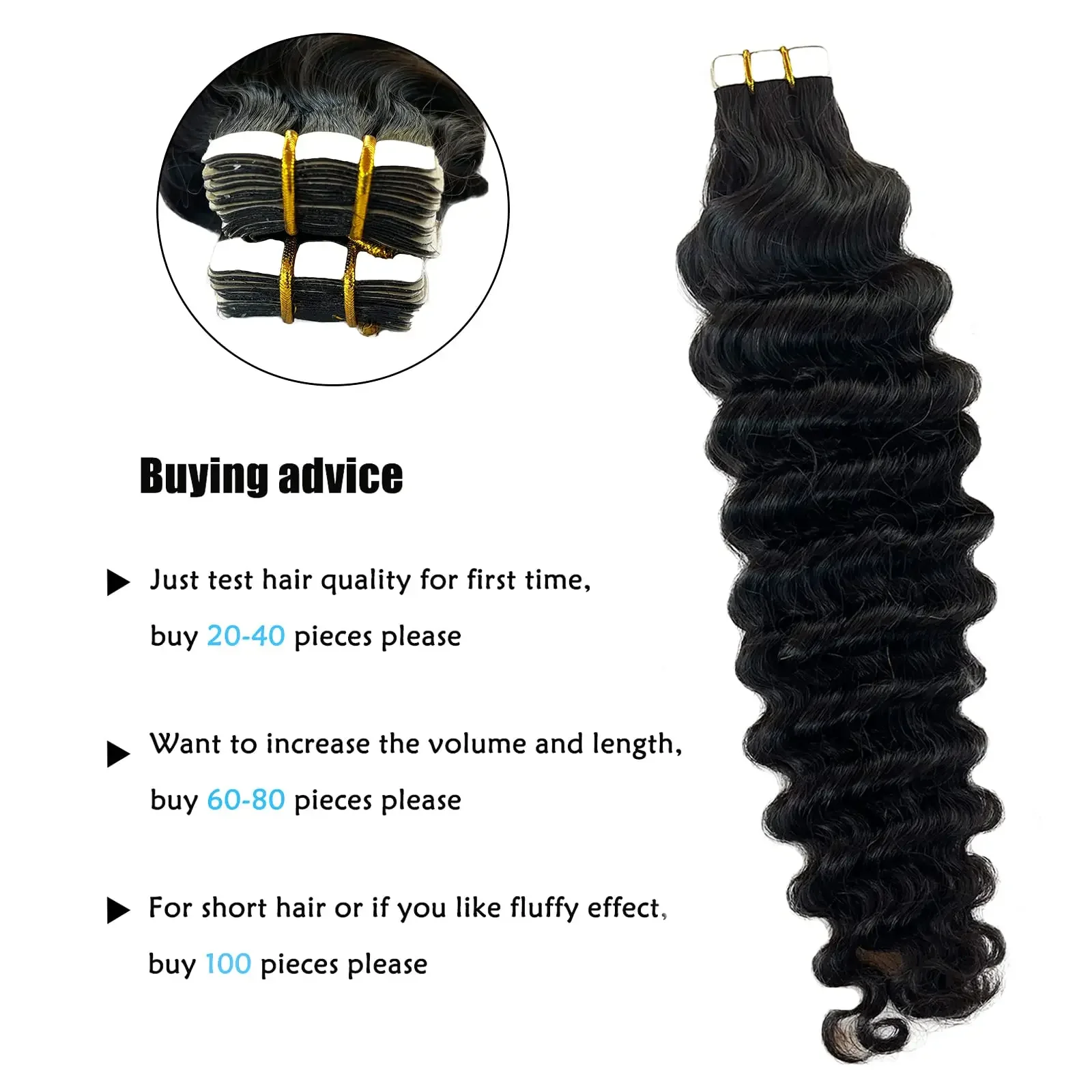 Extensii de păr uman cu bandă adezivă, ondulate adânc, păr Remy brazilian, extensii de păr creț, 20 buc/set, negru natural, 16-26 inci_voghion.com