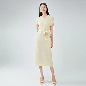 2025 Latest Casual Women's Dress High Quality Polyester Pleated Design Cotton Waistband Eco-Friendly Fashioned Outfits Sashes