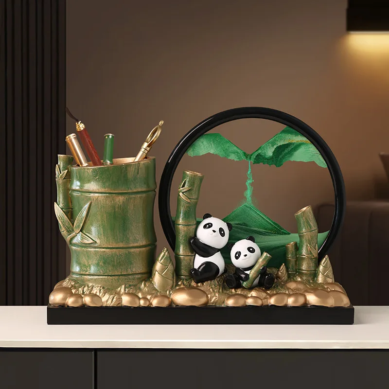 Golden Deer Figurines Panda Bamboo Pen Holder Set Modern Chinese Style Home Office Desk Decorative Ornament Collection