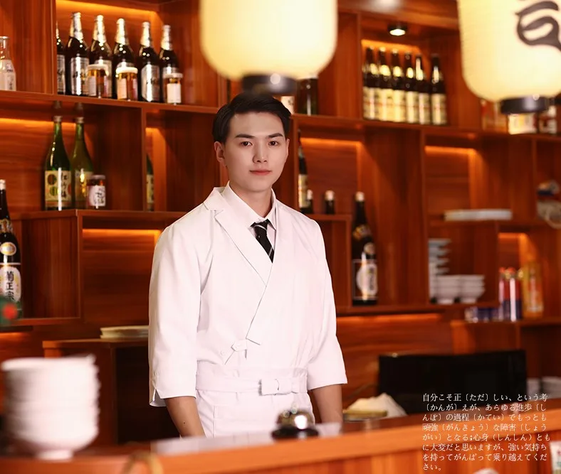 Black and White Chef Jacket and Apron Japanese Restaurant Izakaya Work Suits  Male Cooking Clothing and Sushi Chef Coat for Men