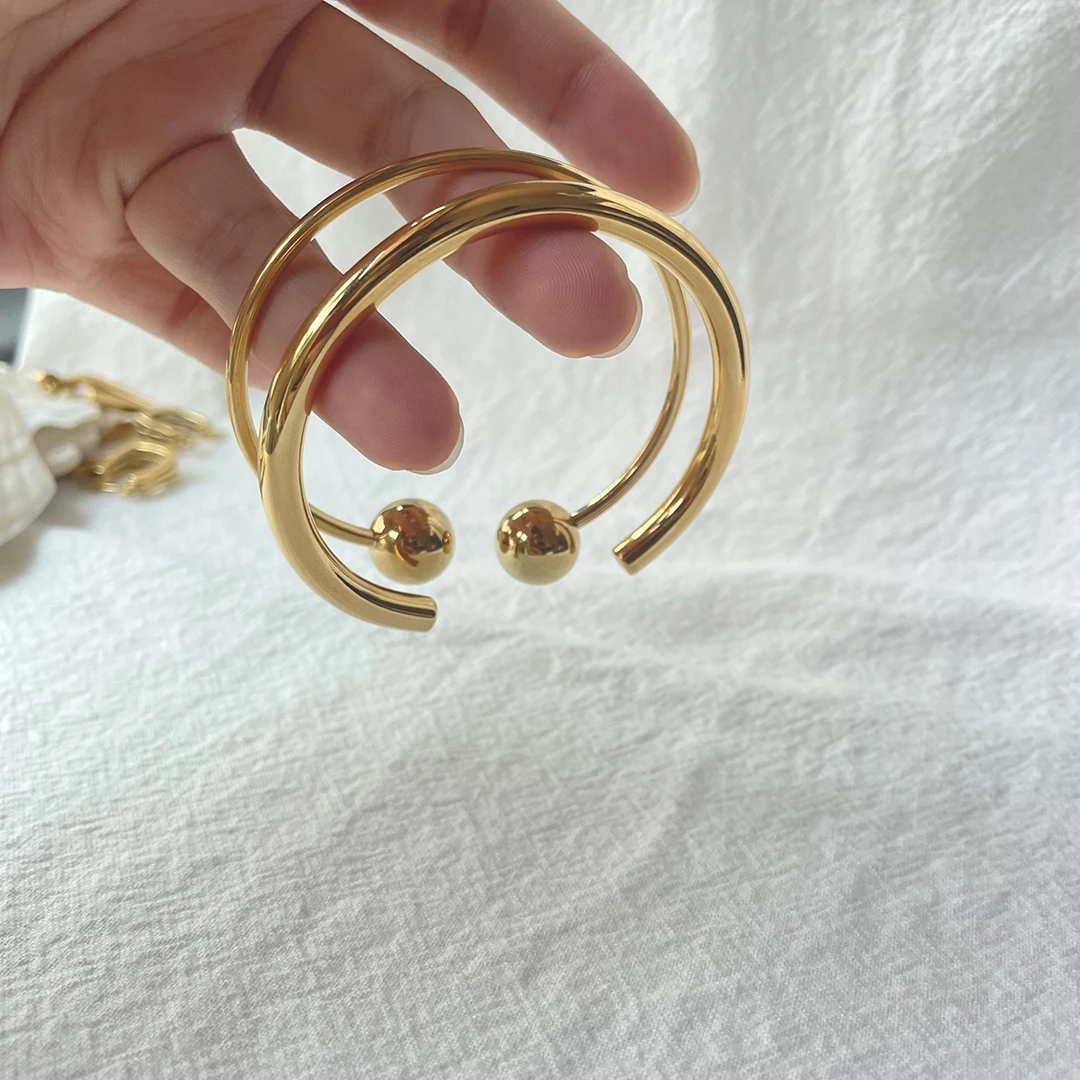 2 Designs Solid Double Ball Open Bangles Thick Circle Plain Bangles for Women 18K Gold Plated Stainless Steel Jewelry Adjustable