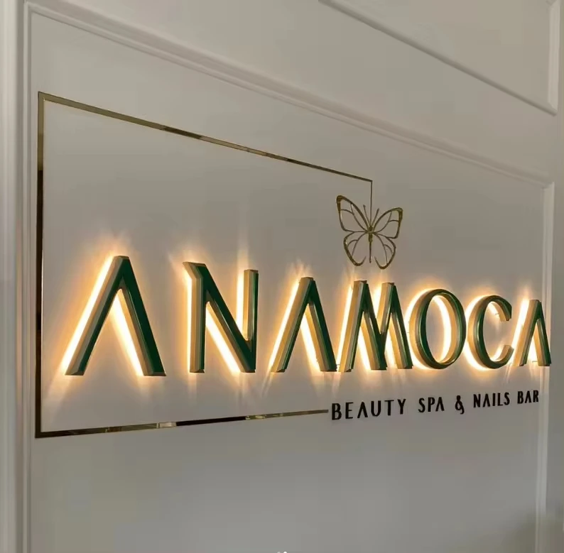 Customized Shop Sign Outdoor Building Electroplating Golden Stainless Steel Led Illuminated Letters Signs  Acrylic  LED Light