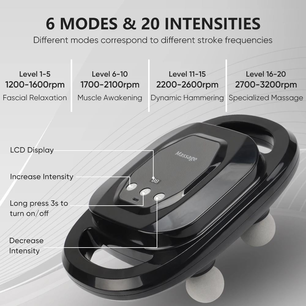 20 Speeds Level Deep Tissue Massage Muscle Fascial Gun Booster 6 Massage Heads Leg Back Body Electric Muscle Relax Massage Gun