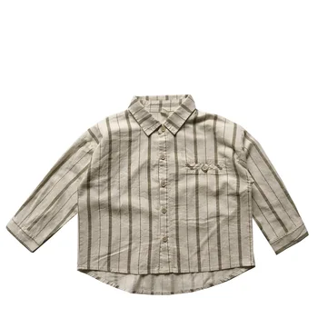 Japanese-style Ins Ramie Small Striped Shirt Children's Spring Autumn New Style Korean Boys and Girls' Lapel Cardigan Shirt