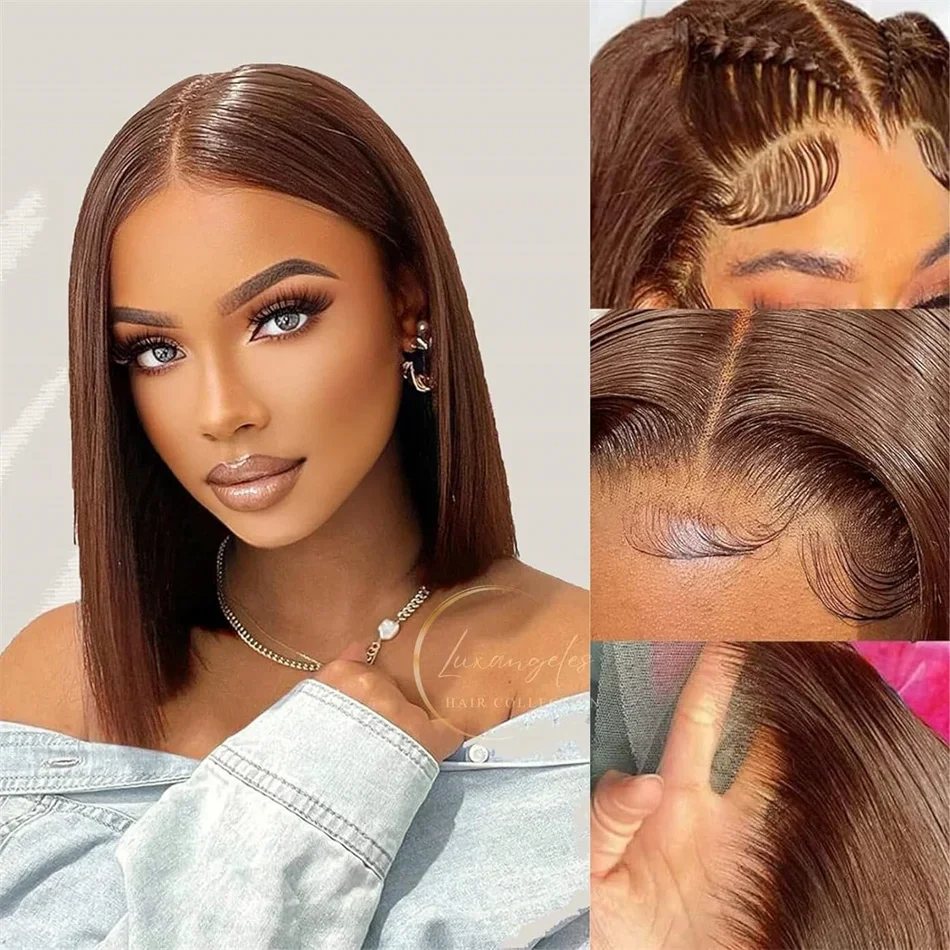 Parrucche Bob Lisce Capelli Umani Castano Cioccolato Parrucche Corte Bob Frontali in Pizzo Trasparente Pre-Spennate per Donne in Saldo_voghion.com