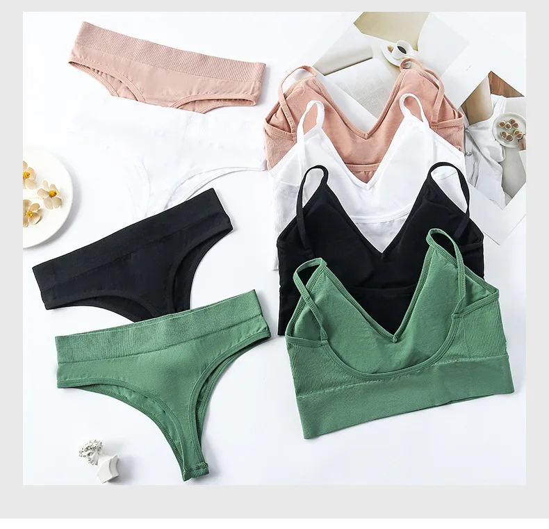 French Backless Push up Underwear Set Women G-String Seamless Bralette Female Lingerie Soft Tank Crop Top Gym Sport Bra Set