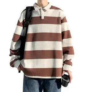 Men's 100% Cotton All-Purpose Striped Breathable 240g Sporty Front Logo Shirt Oversized Square Cut Rugby Jersey Button Long