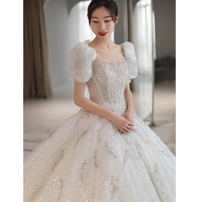 White Bohemian Ball Gown Wedding Dress With Crystal Beading & Sequins, Empire Waist, Square Neck, Floor-length Organza Bridal Gown Oem