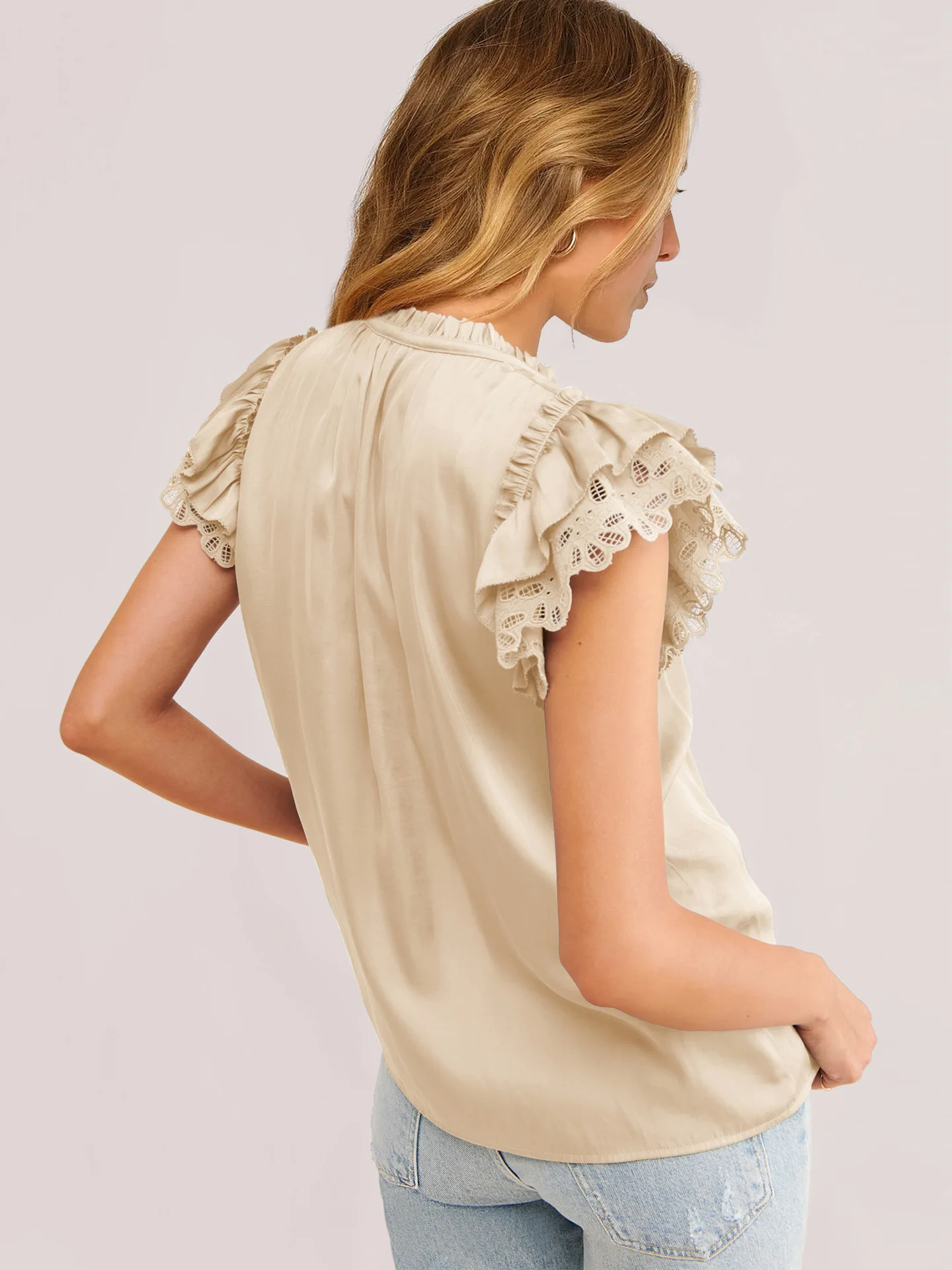 GMD 2023 Summer hot sale New V Collar lace-up flounce sleeve casual fashion women's clothing satin