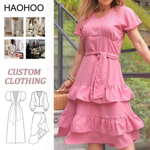 Wholesale Solid Pink V-neck Short Sleeve Ruffle Clothing Women Summer Casual Medium Dresses