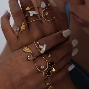 Ilona Fashion Commuting Personality Rings Set Elegant Casual Style Geometric Zircon s Gold Plated Stainless Steel Casting Ring