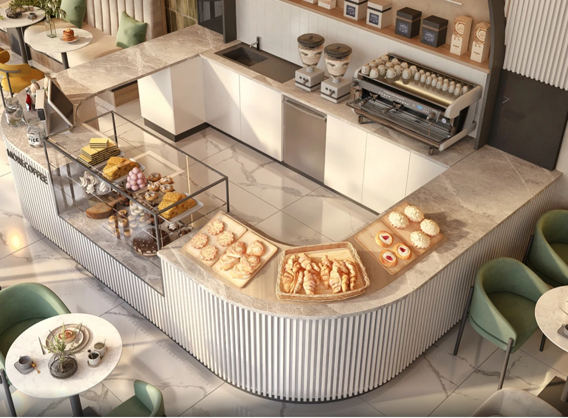 Customized Fixture Trendy Coffee Shop Decoration Coffee Shop Counter Modern Furniture for Bakery Restaurant