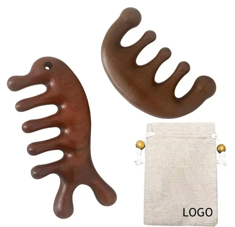 2025 Custom Scalp Gua Sha Comb Natural Wooden Sandalwood Wide Tooth Meridian Scalp Massaging Hair Comb