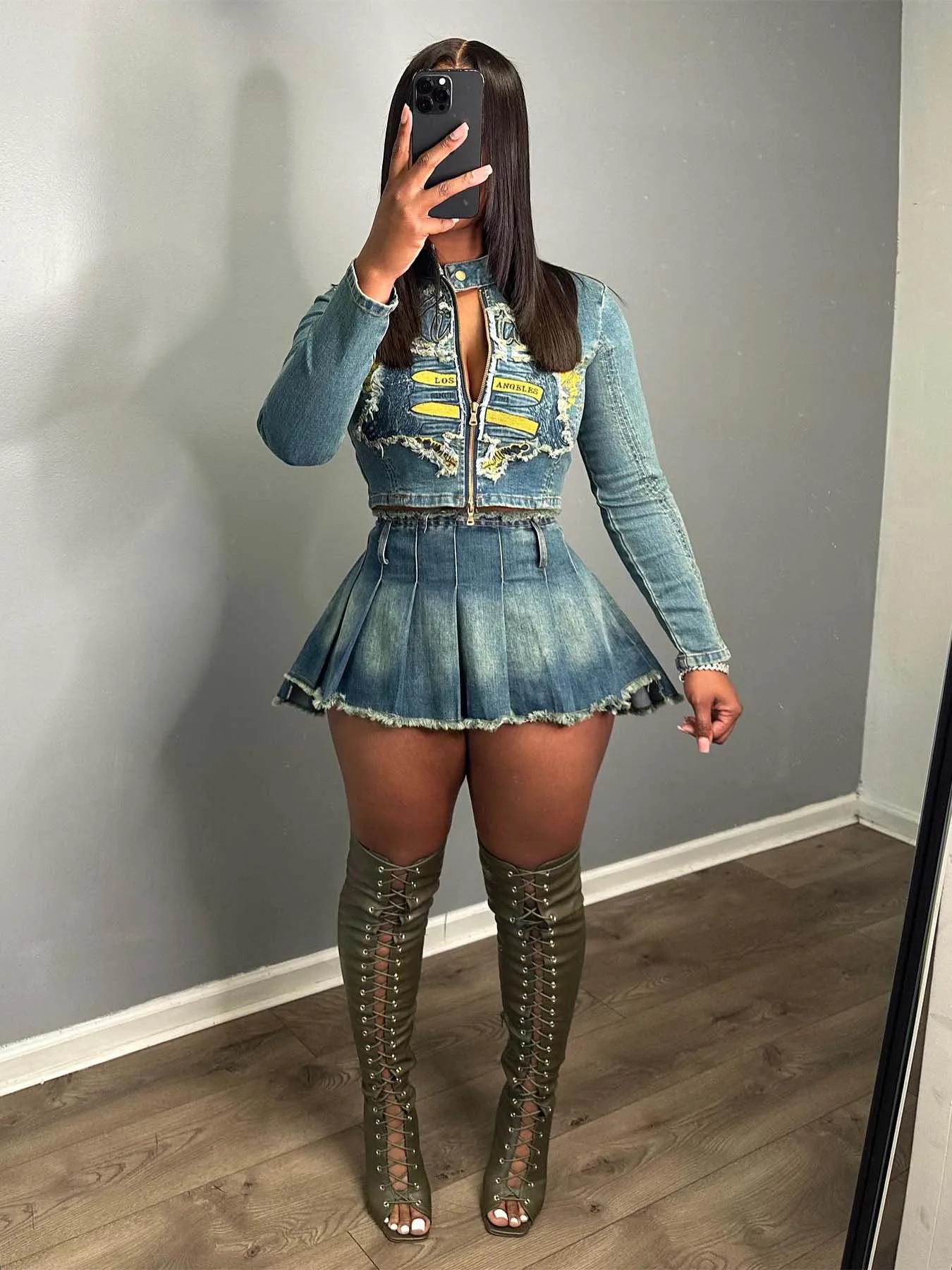 Fashion 2025 Clothing Women Boutique Casual Women Denim Outfit Long Sleeve Embroidery Jacket and Mini Skirt 2 Piece Set details