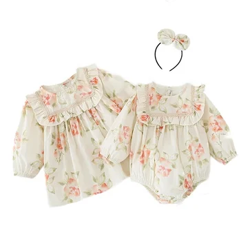 Sister Matching Outfit Baby Girls Clothes Long Sleeve Doll Collar Flower Embroidery Girl Dress and Baby Romper Princess Dresses