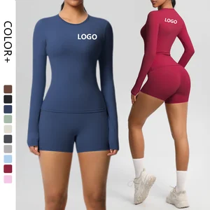 Women Running Tracksuit Long Sleeve Gym Fitness Clothes Workout Top High Waist Yoga Shorts Leggings Two-Piece Set for Women