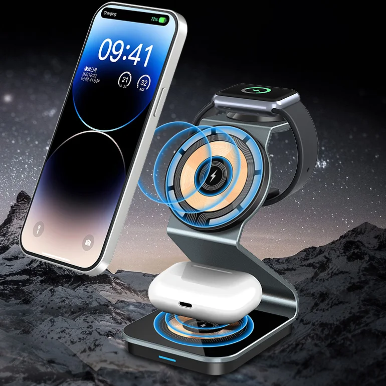 For iPhone Fast Charging 3 in 1 Magnetic Foldable Desk 15W Wireless Charger Mobile Phone Watch Earphone Multifunction Chargers