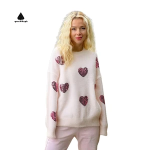 Custom Women's Casual Heart Rose Sequin Embroidered Round Neck Loose Pullover Drop Shoulder Sweater with Ribbed Sleeves