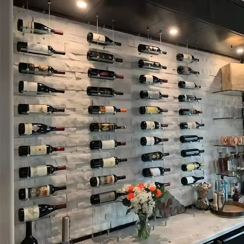 Floating Wine Cable System Wine Racks Bottle Holder With clear Glass  Cradles and Silver Clips Design Wine Rack Wall Mounted
