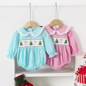 Custom Baby Clothes Shirred Smocked Baby Clothing Autumn Winter Embroidered Christmas Tree Long Puff Sleeve Cartoon Baby Rompers