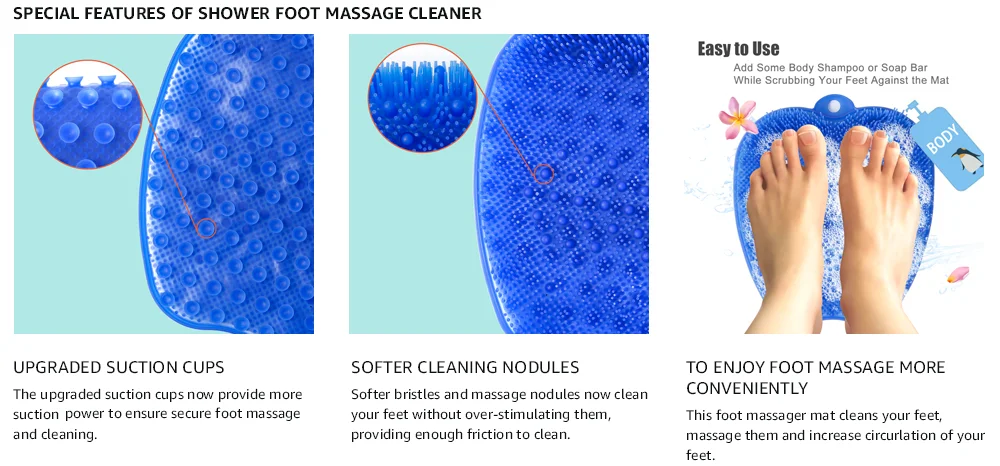 TPE Shower Foot Scrubber Cleaner with Non-Slip Suction Cups Exfoliates Feet Without Bending Bathtub Foot Care Brush Massager Mat