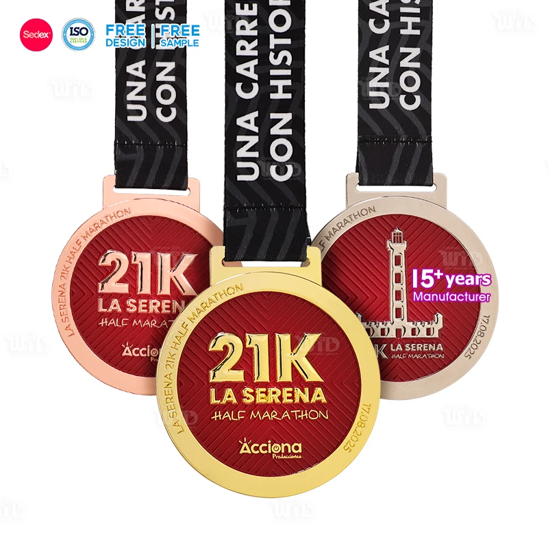 High Quality 21K Half Marathon Finisher Medal Customized Gold Silver Bronze Zinc Alloy Sublimation Award for Running Trophies