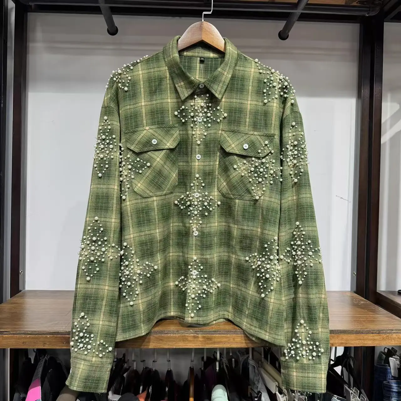 Custom Streetwear Rhinestone Plaid Designer Flannel Shirts Button up Sport Boxy Graphic Plain Polo Shirt for Men gallery 3