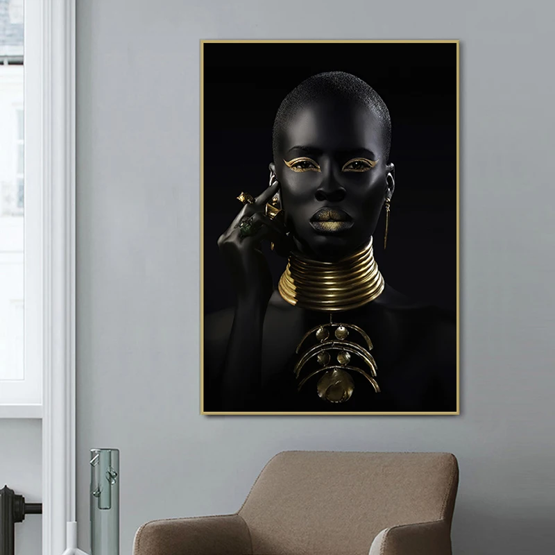 Black And Gold African Woman Poster Modern Wall Art Canvas Painting ...