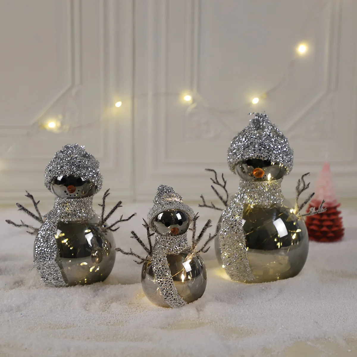 Small led light pre-lit up sliver glass christmas xmas snowman figurine decoration ornaments for christmas new year home decor details