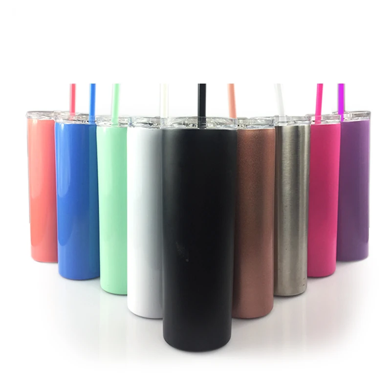Stainless Steel 20 Oz Skinny Tumblers Double Wall Insulated Straight Water Cups Wine Tumbler With Lids And Straws