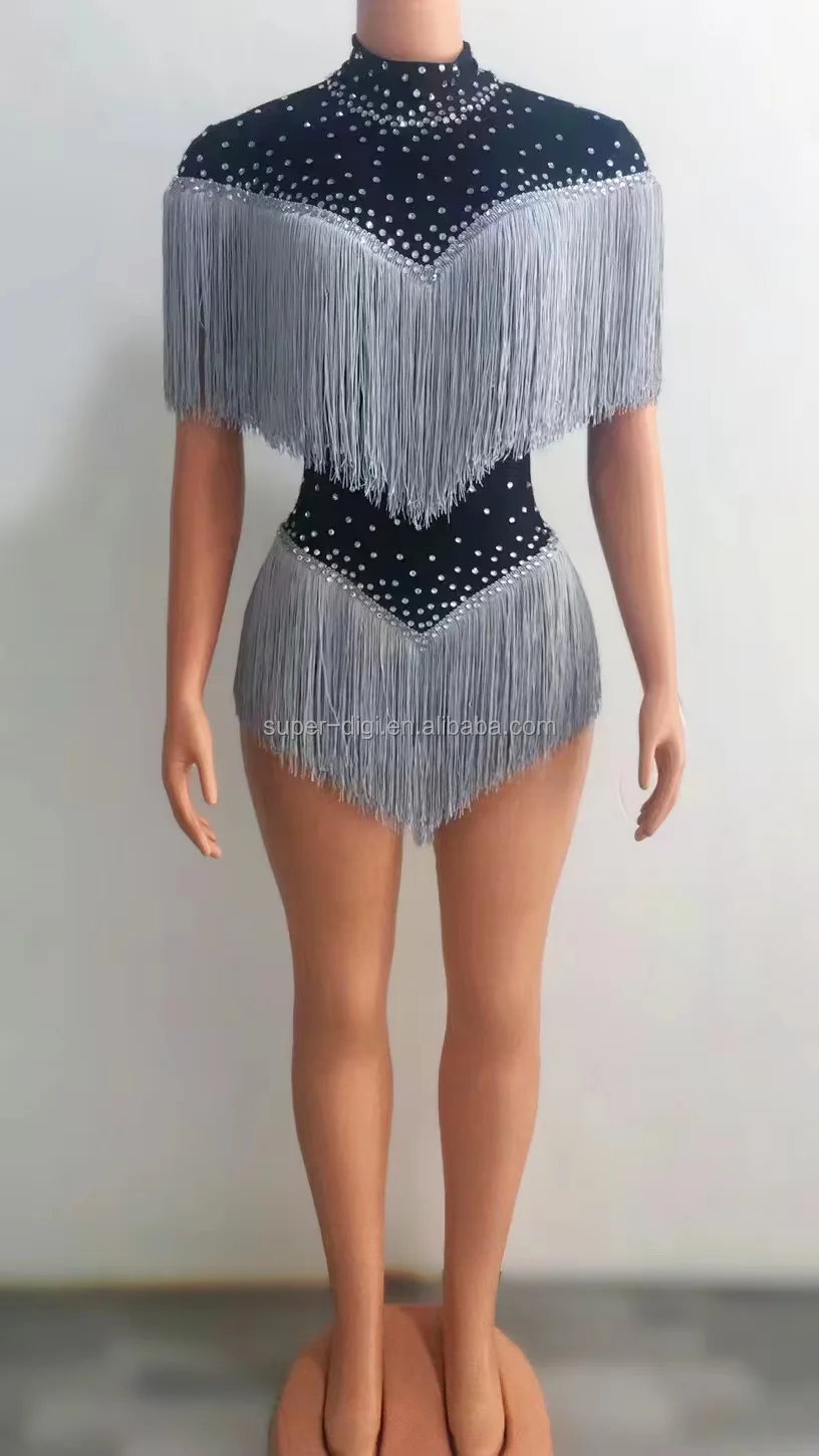 Tassels Short Romper Dance Wear See Through Backless Crystal Birthday