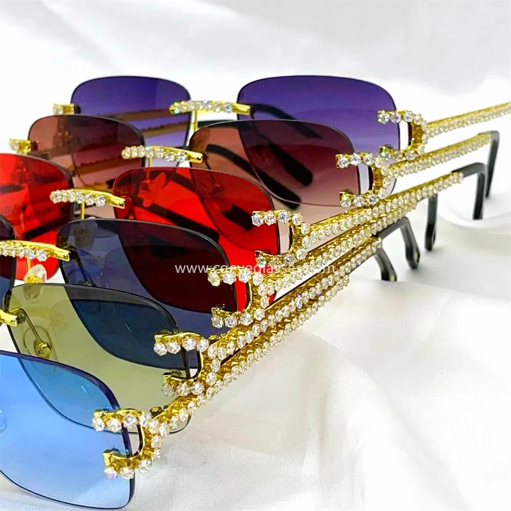 2022 Luxury Rhinestone Sunglasses Small Rimless Rectangle Sun Glasses