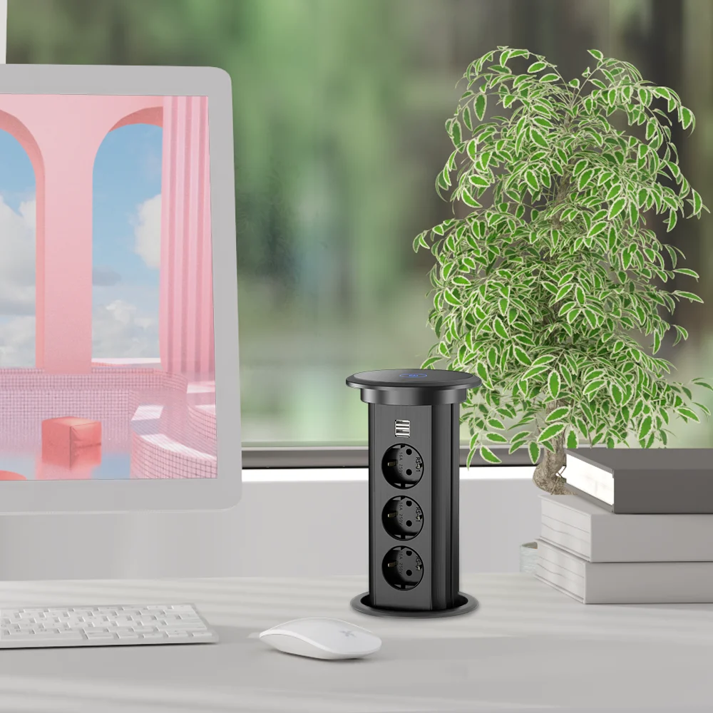 Pop up Table Socket Kitchen Worktop Vertical Hidden Power Extension USB Charger Motorized Socket