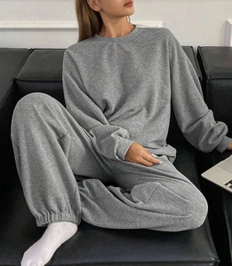 High Quality 2 Pieces Embroidered Custom Logo Casual Solid Color Women Cotton Tracksuit Sweatshirt Full Length Sweat Pants Set