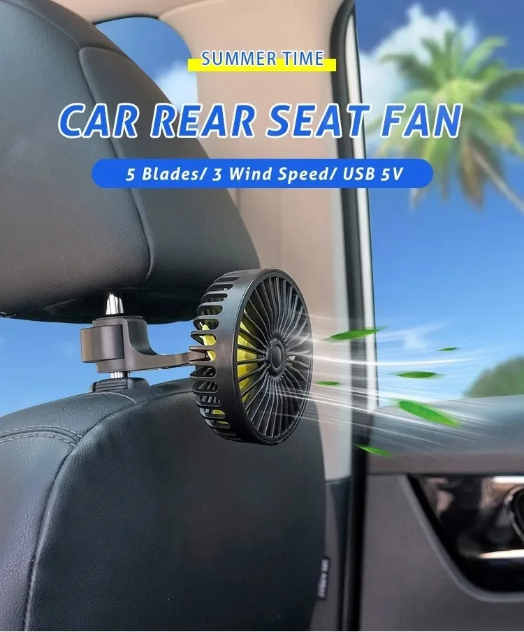 Car headrest rear seat cooling fan foldable silent 3 speed air cooling fan for suv truck