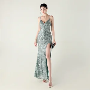 Bead Tube Sequin Spaghetti Strap High Slit Evening Dress Cross Tied Slim Fit Slimming Dinner Social Women