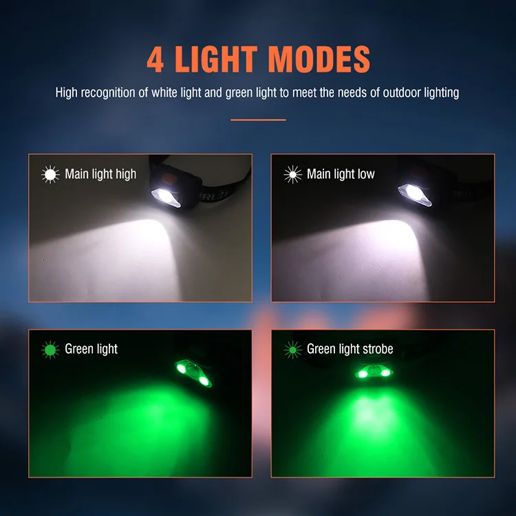 200 Lumens Green Light LED Headlamp for Fishing and Hunting 4 Modes 3AAA Battery Long Endurance Mini Portable Headlight