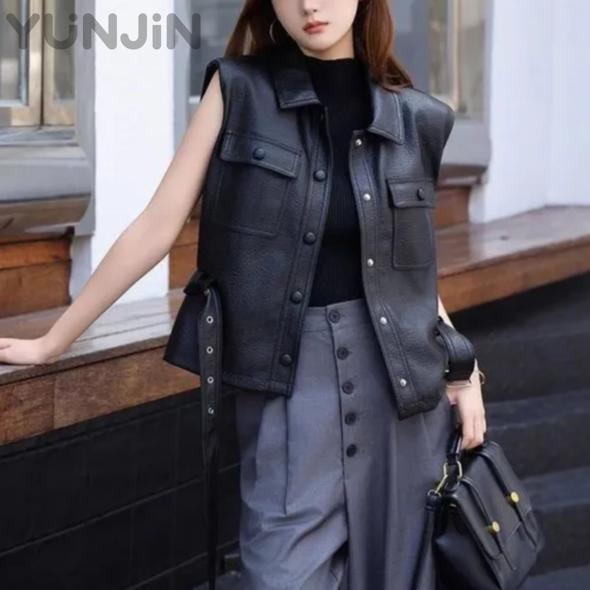 Women Pebbled Sheep Leather Vest Sleeveless Cinched Waist