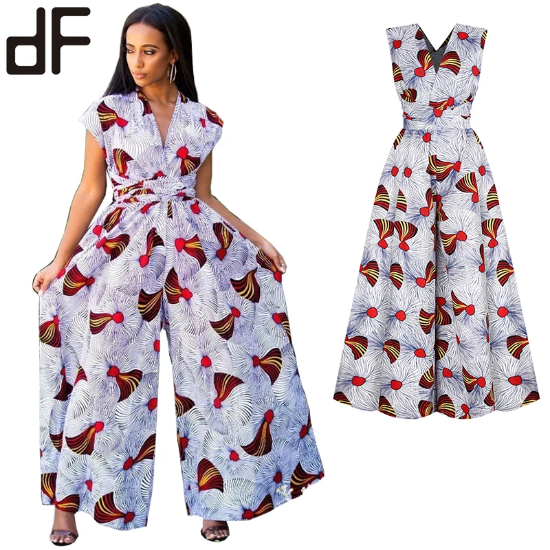 WomenJumpsuit Fashion New Design Sexy V neck Sleeveless Kitenge Dresses African Dashiki Clothing Ladies Print African Jumpsuits