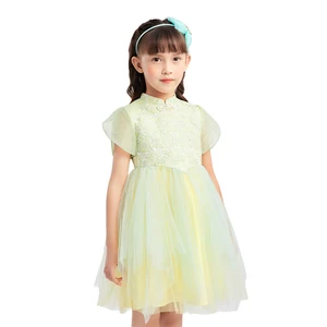 Floral Lace Detail Light Green Tulle Dress for Girls Traditional Stage Outfit Comfortable Breathable Kids Cultural Celebration
