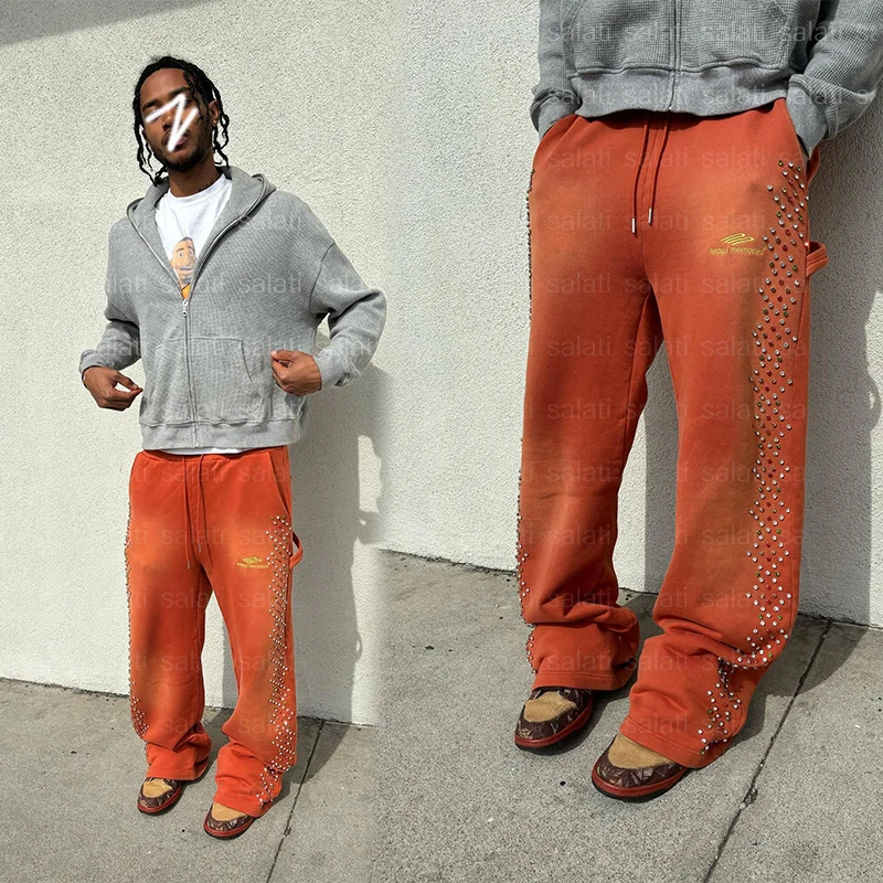 Custom Joggers Sweat Pants Men Crystal Rhinestone Oversized Straight Leg Cotton French Terry Baggy Acid Wash Flared Sweatpants gallery 2