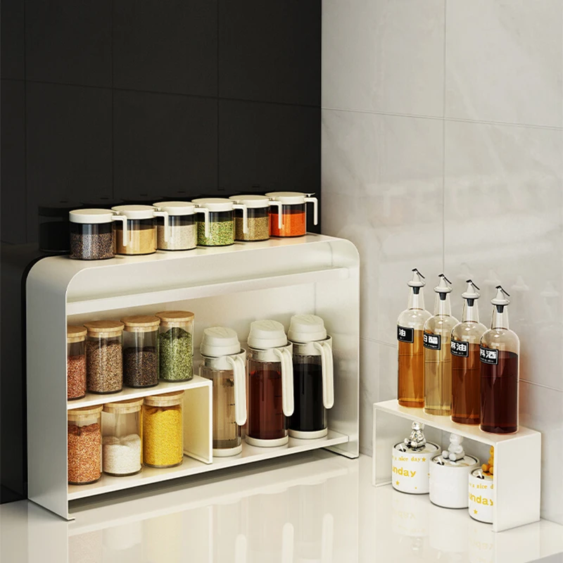 Kitchen Metal Double-layer Side Pull Door Spices Rack Living Room  Countertop Cup Holder Organizer Shelves Box Storage Cabinet