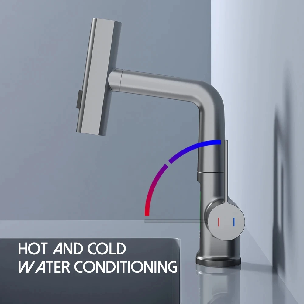 Temperature Digital Display Basin Faucet for Bathroom Pull Out Waterfall Stream 3 Way Sprayer Hot Cold Water Sink Mixer Wash Tap