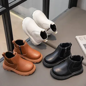 Fashion Children's British Ankle Boots Boy and Girl Side Zipper Pu Leather Shoes Outdoor Walking Warm Boot