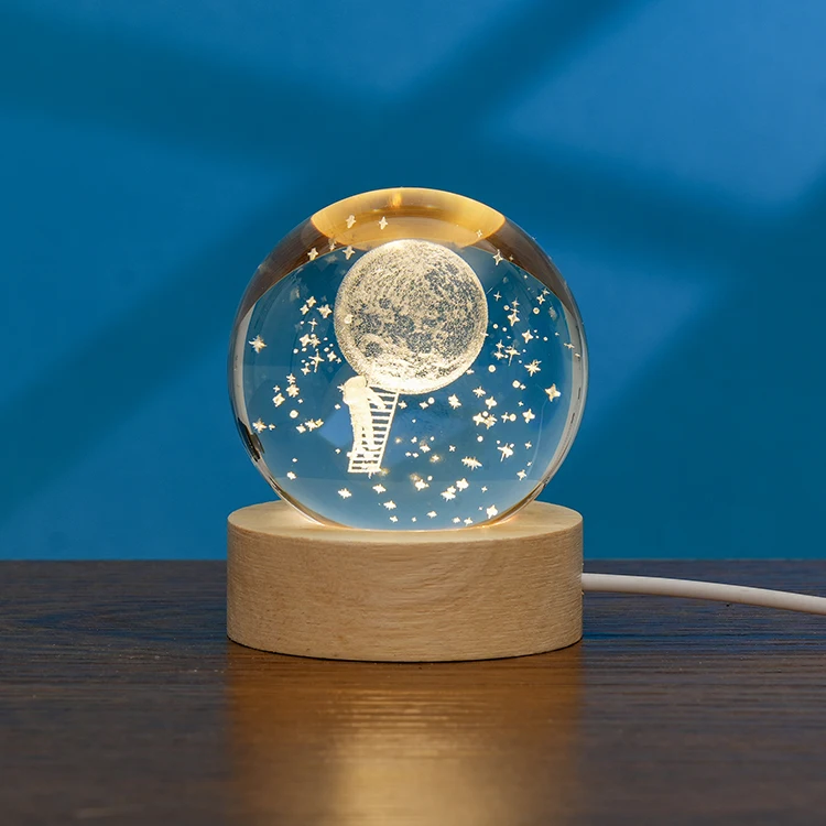 Galaxy Planet Glass Laser 3D Interior Engraved Small Night Light Crystal Ball with Wood LED Base Ball Night Lamp For Decoration supplier